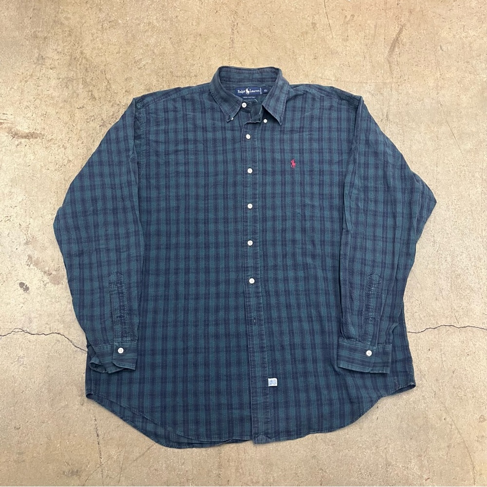 Ralph Lauren Men's Green Blue Plaid Seersucker Vintage Button Down Shirt